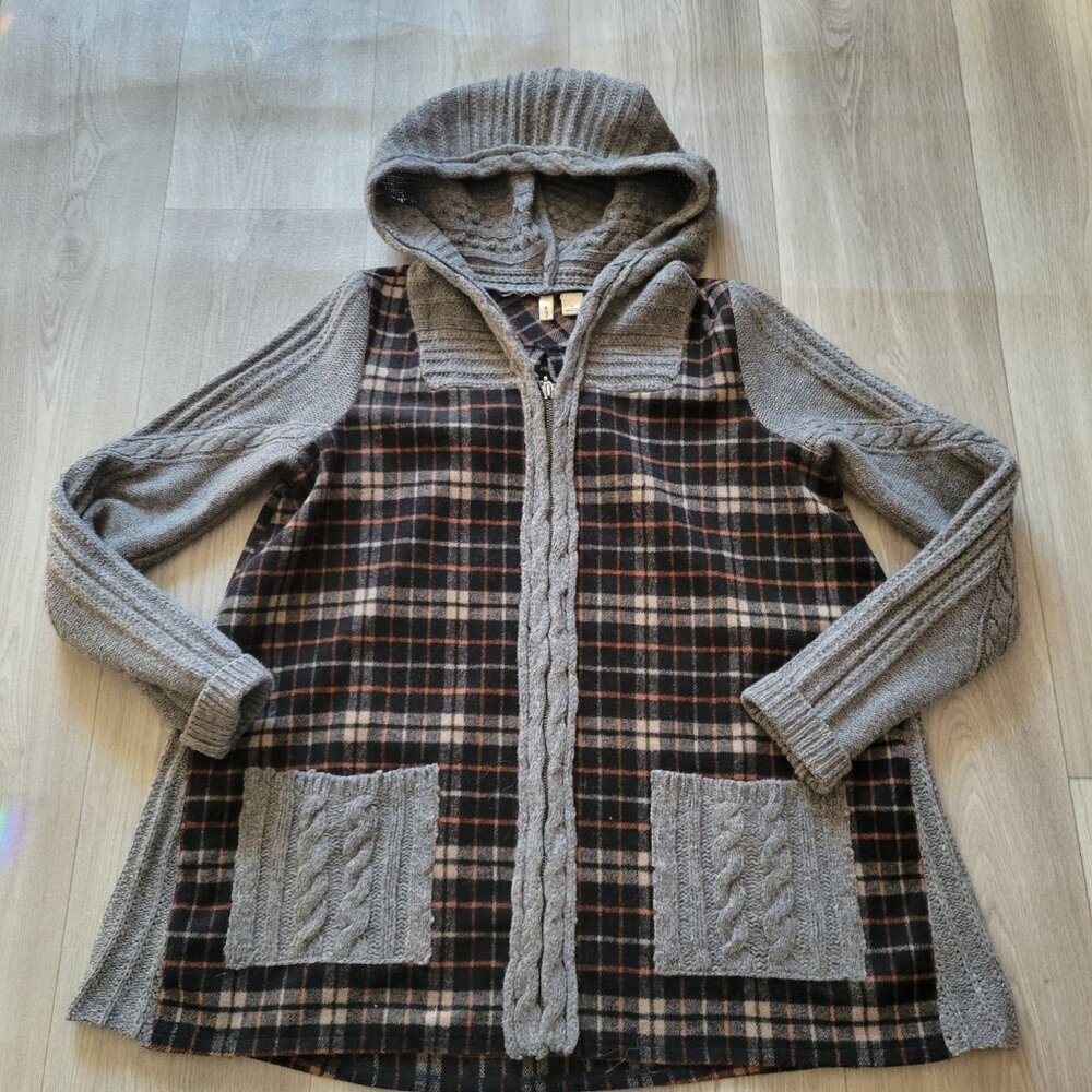 Moth Anthropologie Womens Plaid Wool Blend Zip-Up Hooded Cardigan Jacket With Po